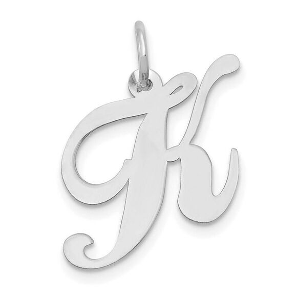 14k White Gold, Ella Collection Medium Fancy Script Initial K Pendant - Picture 1 of 3